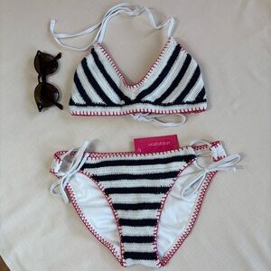 Exhilaration White/Navy Crochet Bikini Triangle Top, String Bikini Bottom, M NWT